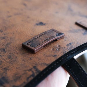 May include: Close-up of a brown leather detail, possibly from a bag or wallet. The leather has a distressed look with a rectangular patch stitched on. The background is a similar brown leather with a black strap visible.