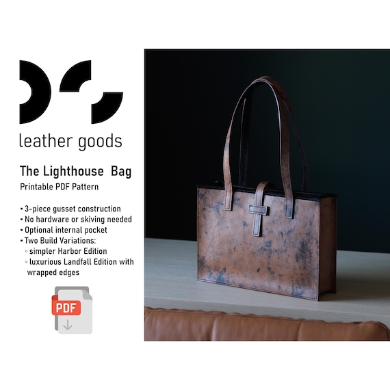 The Lighthouse Leather Bag PDF Pattern: medium size tote bag with 3 piece gusset construction