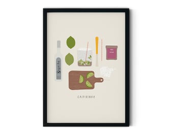 Caipirinha Cocktail Recipe Illustration, Ingredients Kitchen & Bar Print, Cachaça Drawing, Gift A5