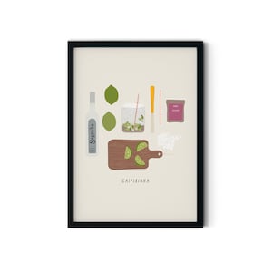 Caipirinha Cocktail Recipe Illustration, Ingredients Kitchen & Bar Print, Cachaça Drawing, Gift A5 image 1
