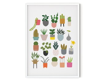 Plant And Flowers In Cute Pots Grid A4, Plant Pots, Art Print, Plant Obsession Gift, Wall Art, Home Decor, Botanical Art, Cactus