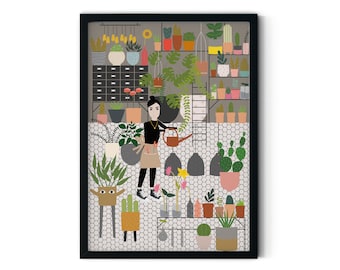 Greenhouse Girl & Plants Art Print, Botanical Wall Decor (A4)