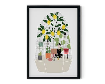 Greenhouse Geometric Terrarium Girl & Her Lemon Tree A4 Art Print, Plant Pots, Gardening, Wall Art, Home Decor, Botanical Art