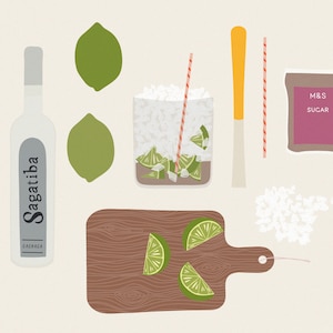 Caipirinha Cocktail Recipe Illustration, Ingredients Kitchen & Bar Print, Cachaça Drawing, Gift A5 image 2