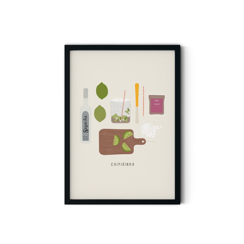 Caipirinha Cocktail Recipe Illustration, Ingredients Kitchen & Bar Print, Cachaça Drawing, Gift A5 image 1