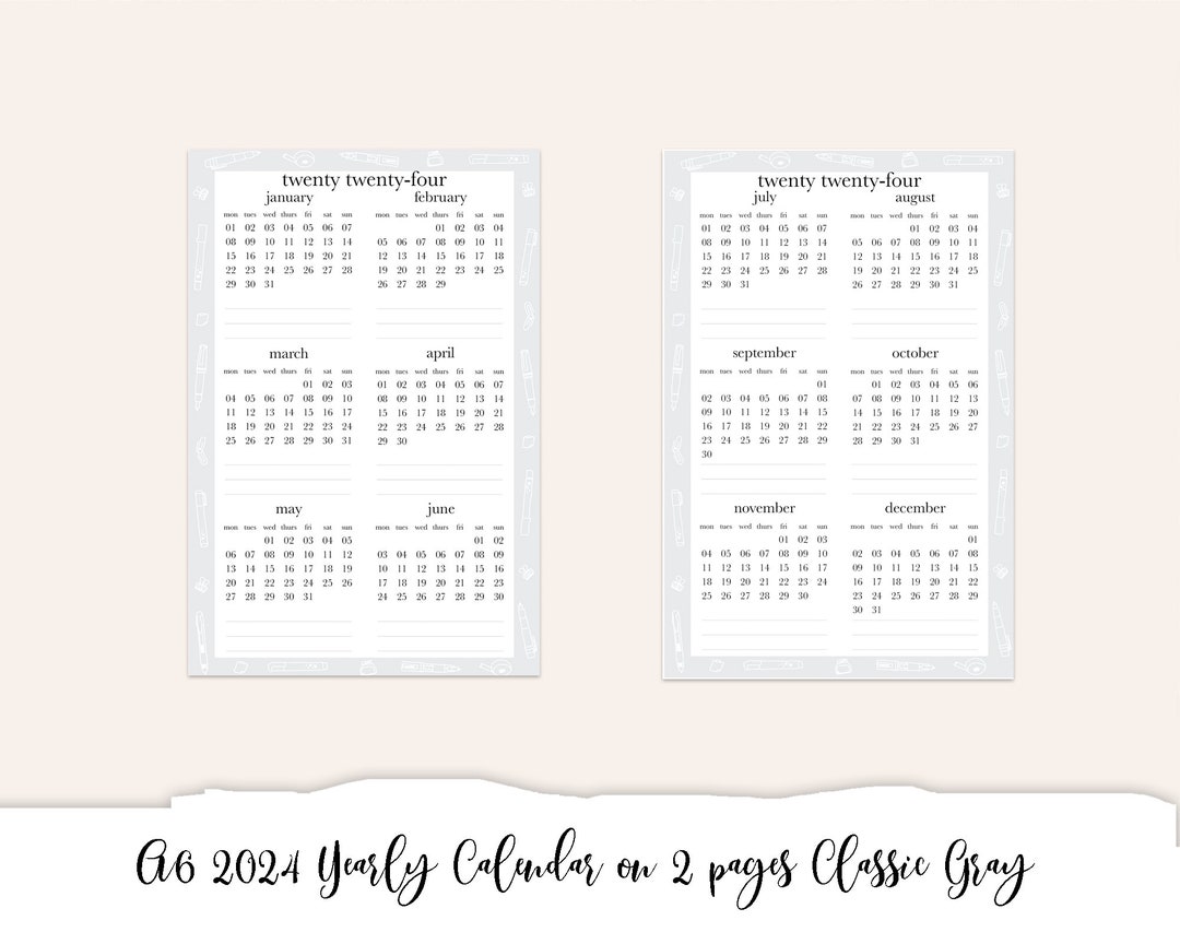 A6 2024 Yearly Calendar on 2 Pages Classic Gray Full Page - Etsy