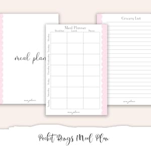 Peut inclure: Un planificateur de repas imprimable avec une bordure rose festonnée. Le planificateur comprend des sections pour le petit-déjeuner, le déjeuner et le dîner, avec de l'espace pour chaque jour de la semaine. Une liste d'épicerie est également incluse.