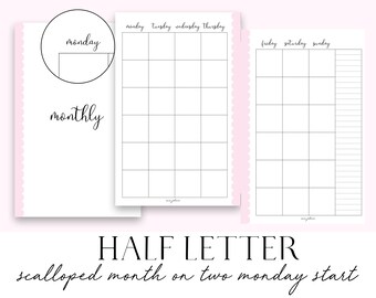 Undated Month On Two Pages MONDAY START Half Letter Scalloped Pink