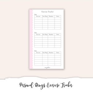 May include: A printable exercise tracker with pink scalloped edges. The tracker has three sections for recording date, exercise, sets/reps, duration, and notes.