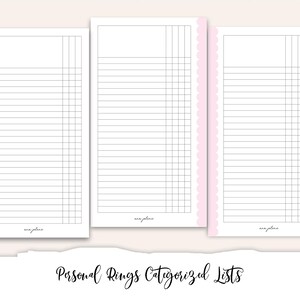 May include: Three blank printable pages with lines and columns for creating categorized lists. The pages have a pink scalloped border and the text "Personal Rings Categorized Lists" at the bottom.