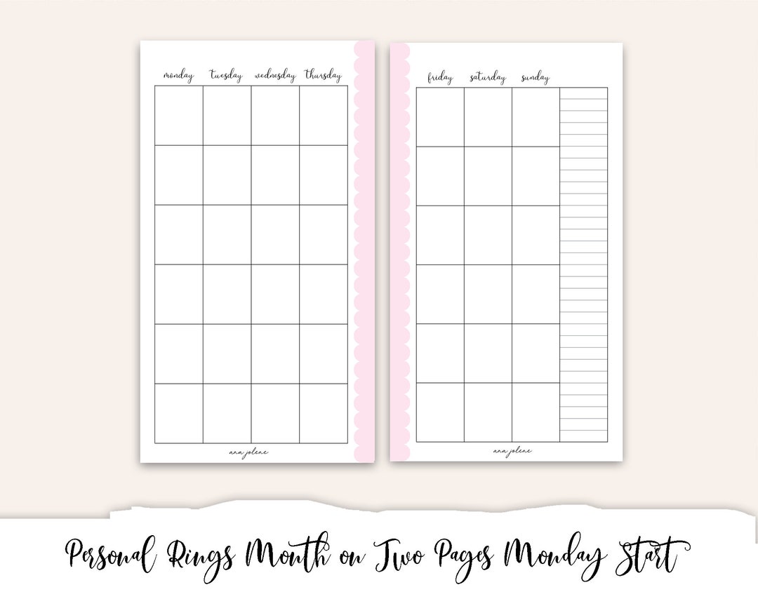 Undated Month on Two Pages MONDAY START Personal Rings Printable ...