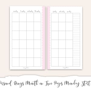 Undated Month On Two Pages MONDAY START Personal Rings Printable, Personal Planner Refill, Pink Scallop Coquette Printable Inserts