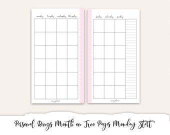 Maand zonder datum op twee pagina's MONDAY START Afdrukbare persoonlijke ringen, vulling persoonlijke planner, roze coquille-coquette afdrukbare inzetstukken