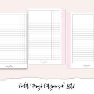 May include: Three blank white pages with pink scalloped edges. Each page has a grid pattern and the text "add place" at the bottom. The pages are titled "Pocket Rings Categorized Lists".
