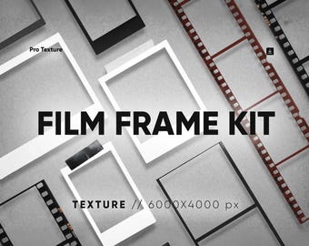 Może przedstawiać: Cyfrowy zestaw ramek filmowych zawierający różne białe i czarne prostokątne obramowania zdjęć oraz czerwone i czarne paski filmowe. Tekst głosi Pro Texture, FILM FRAME KIT oraz TEXTURE // 6000X4000 px na neutralnym szarym tle.