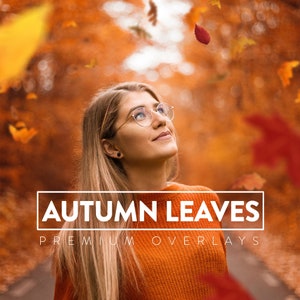 May include: A woman wearing glasses and an orange sweater looks up at falling autumn leaves. The text "AUTUMN LEAVES PREMIUM OVERLAYS" is displayed on the image.