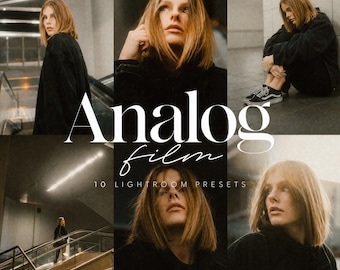 May include: A digital collection of 10 Lightroom presets titled Analog film, featuring a collage of six photographs of a person with shoulder-length hair in a dark jacket, captured in various indoor and outdoor urban settings with moody lighting.