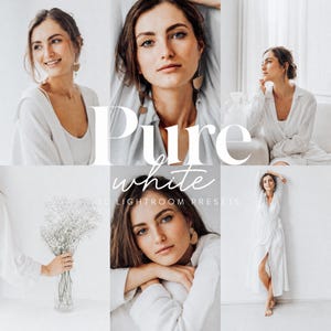 以下が含まれることがあります： Pure whiteと題された10種類のLightroomプリセットのデジタルコレクション。茶色の髪の人物が白い服を着ている写真のコラージュで、クローズアップのポートレートや白い花束を持った全身写真などが含まれています。