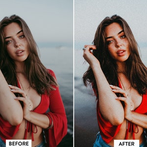 Puede incluir: Una comparativa en pantalla dividida que muestra a una persona de pelo largo con una blusa roja de manga larga, escote en V profundo y detalle de lazo frontal, combinada con vaqueros azules, un collar con colgante dorado y un anillo plateado.