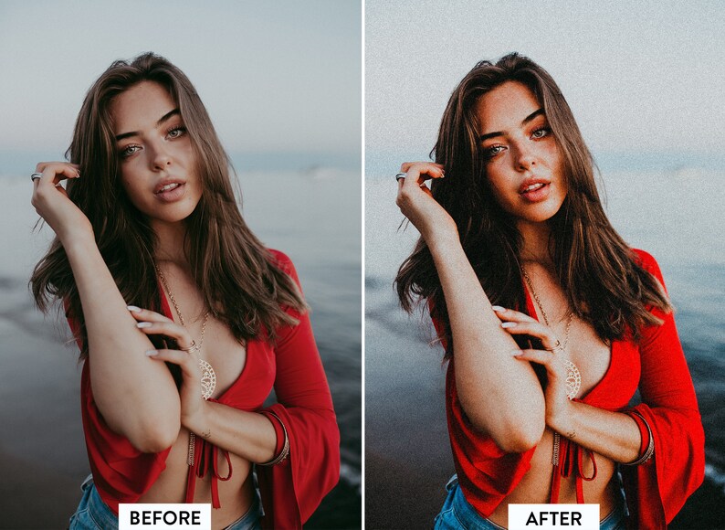 Puede incluir: Una comparativa en pantalla dividida que muestra a una persona de pelo largo con una blusa roja de manga larga, escote en V profundo y detalle de lazo frontal, combinada con vaqueros azules, un collar con colgante dorado y un anillo plateado.