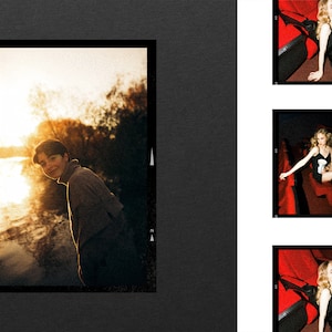 May include: A collage of four photographic film strips. One large vertical frame shows a person in a brown turtleneck sweater outdoors at sunset. Three smaller square frames show a person in a black spaghetti strap dress sitting in a theater.