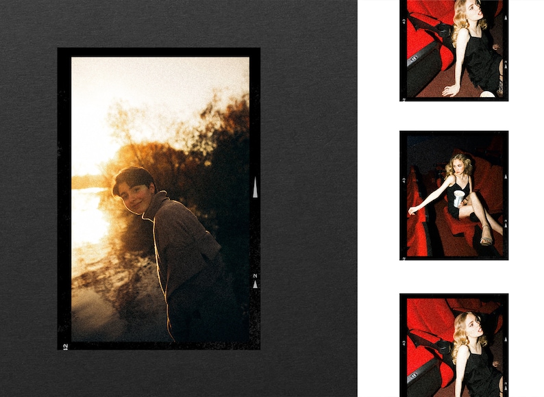 May include: A collage of four photographic film strips. One large vertical frame shows a person in a brown turtleneck sweater outdoors at sunset. Three smaller square frames show a person in a black spaghetti strap dress sitting in a theater.