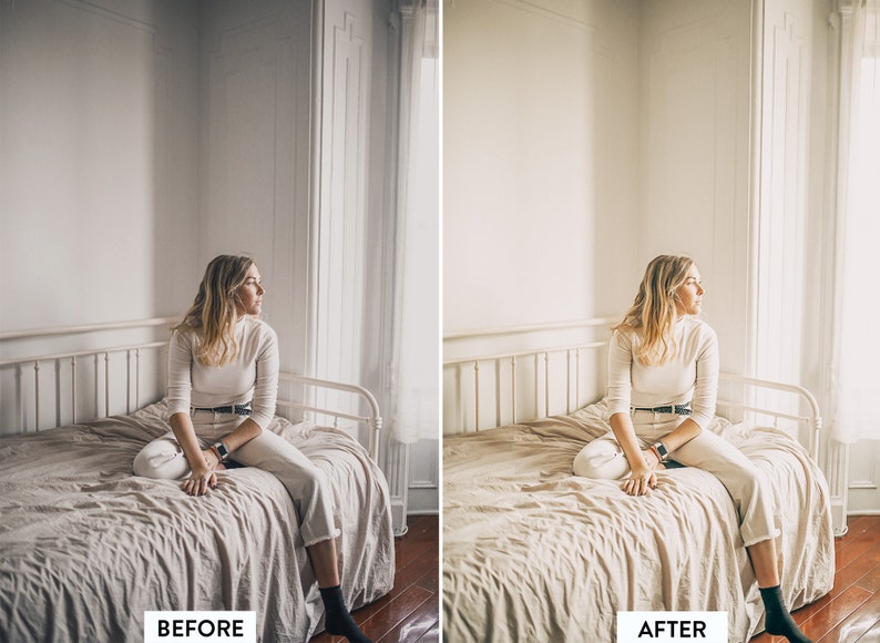 May include: A woman sits on a bed in a white room, looking out of a window. The bed has a white metal frame and a white linen duvet. The woman is wearing a white turtleneck sweater and white jeans.