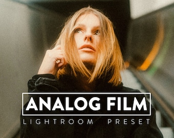 May include: A woman with blonde hair looks up at the camera. She is wearing a black jacket with the text "ANALOG FILM LIGHTROOM PRESET" in white.
