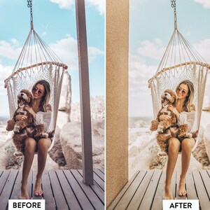 May include: A woman wearing sunglasses sits in a white hammock with a brown dog in her arms. The hammock is hanging from a wooden structure. The woman and dog are smiling. The background is a blue sky with white clouds.