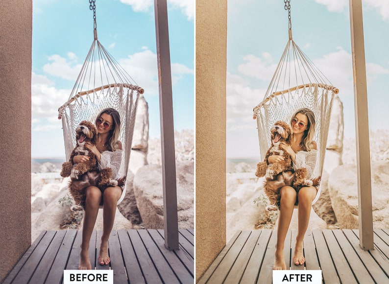 May include: A woman wearing sunglasses sits in a white hammock with a brown dog in her arms. The hammock is hanging from a wooden structure. The woman and dog are smiling. The background is a blue sky with white clouds.