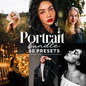 Op de afbeelding: Een digitale productweergave met zes verschillende portretfoto's van individuen in diverse omgevingen, waaronder buitenvelden en stedelijke locaties. De centrale tekst luidt Portrait bundle 60 PRESETS PREMIUM LIGHTROOM BUNDLE.