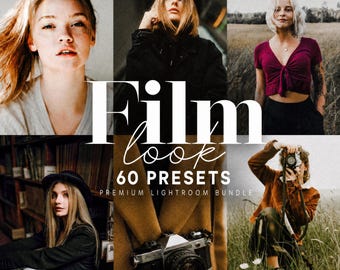 May include: A digital product display featuring six photographic portraits with a vintage film aesthetic. The text overlay reads Film look 60 PRESETS PREMIUM LIGHTROOM BUNDLE. The images show various subjects in indoor and outdoor settings.