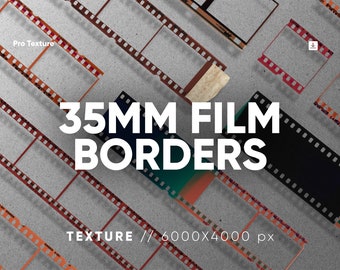 Op de afbeelding: Een verzameling van 35 mm filmstroken in verschillende kleuren en patronen, gerangschikt op een getextureerde grijze achtergrond. De tekst "35MM FILM BORDERS" wordt weergegeven in witte letters. De tekst "TEXTURE // 6000x4000 px" wordt ook weergegeven in witte letters.
