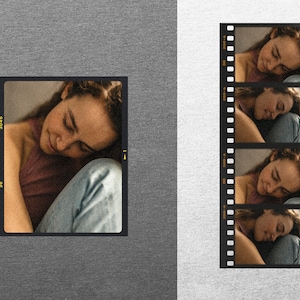 May include: A photographic film strip featuring a single large frame on the left and a vertical sequence of four smaller frames on the right. Each frame displays a person with closed eyes resting their head on their knees, wearing a maroon top.