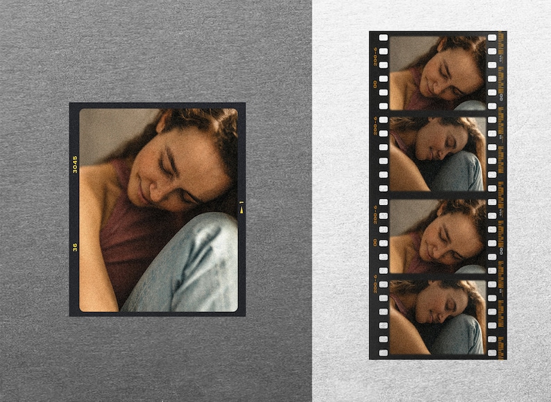 May include: A photographic film strip featuring a single large frame on the left and a vertical sequence of four smaller frames on the right. Each frame displays a person with closed eyes resting their head on their knees, wearing a maroon top.