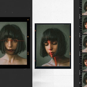 May include: A photographic contact sheet featuring a series of portraits of a person with a dark bob haircut. A thin, horizontal red laser line crosses the eyes in one frame, while a vertical red laser line bisects the face in another frame.