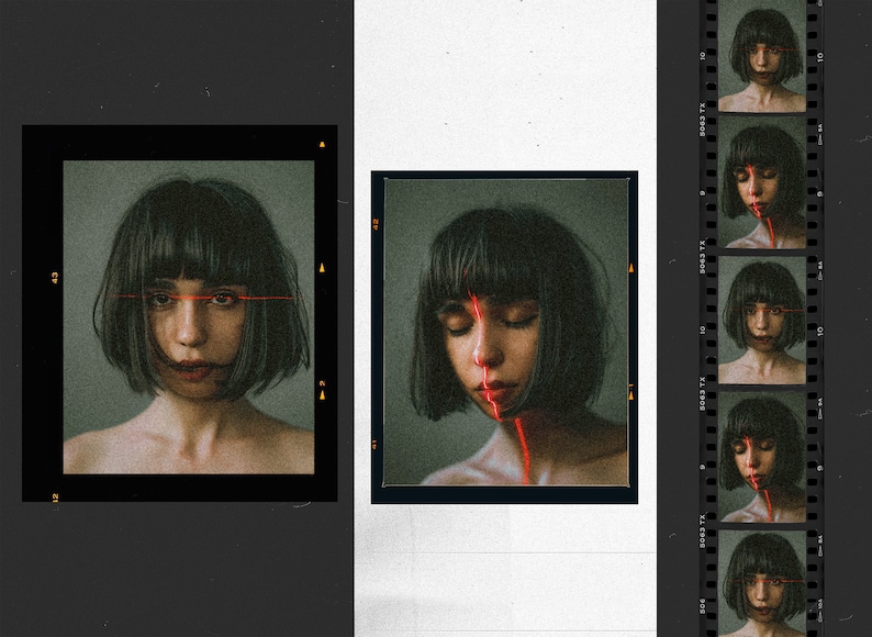 May include: A photographic contact sheet featuring a series of portraits of a person with a dark bob haircut. A thin, horizontal red laser line crosses the eyes in one frame, while a vertical red laser line bisects the face in another frame.