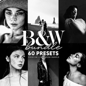 May include: A digital collection of 60 black and white photography presets titled B&W bundle 60 PRESETS PREMIUM LIGHTROOM BUNDLE. The display features six distinct monochrome portraits and landscape scenes showcasing varied lighting and textures.
