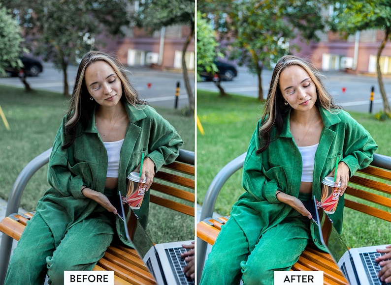 Pu&ograve; includere: Una persona seduta su una panchina di legno con una giacca e pantaloni di velluto a coste verde, che tiene una tazza di caff&egrave; e un computer portatile.