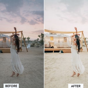 May include: A woman in a white dress dances in front of a vintage caravan in the desert. The sky is a soft pink and blue.