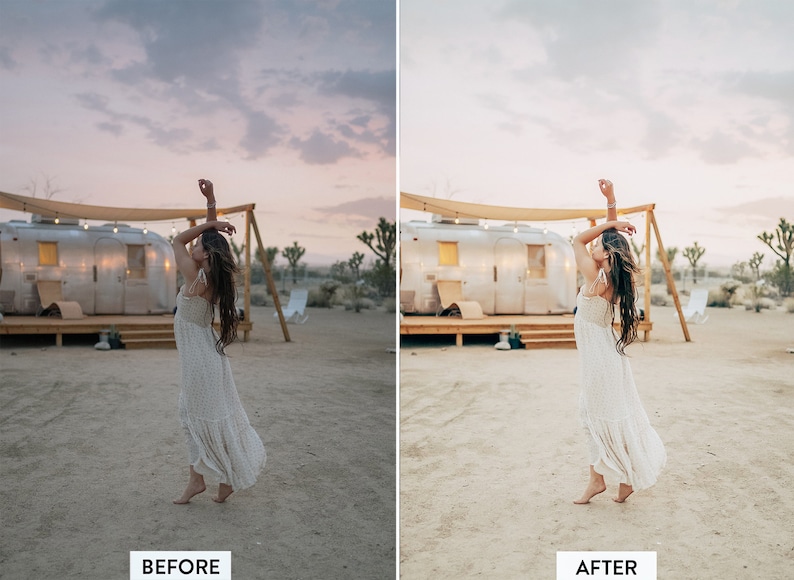 May include: A woman in a white dress dances in front of a vintage caravan in the desert. The sky is a soft pink and blue.