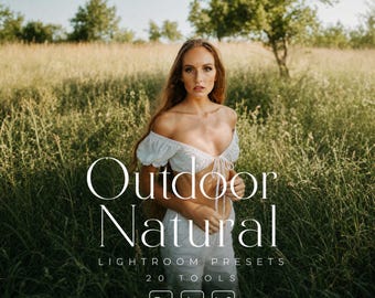 May include: A digital product listing for Outdoor Natural Lightroom Presets featuring 20 tools for Ps, Lr, and LrC. The graphic displays the text Outdoor Natural Lightroom Presets 20 Tools with icons for Ps, Lr, and LrC over a field image.