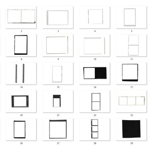 May include: A collection of thirty distinct black and white film frame overlays arranged in a grid. Each rectangular frame features varying border thicknesses, aspect ratios, and internal divisions, showcasing diverse photographic film styles.