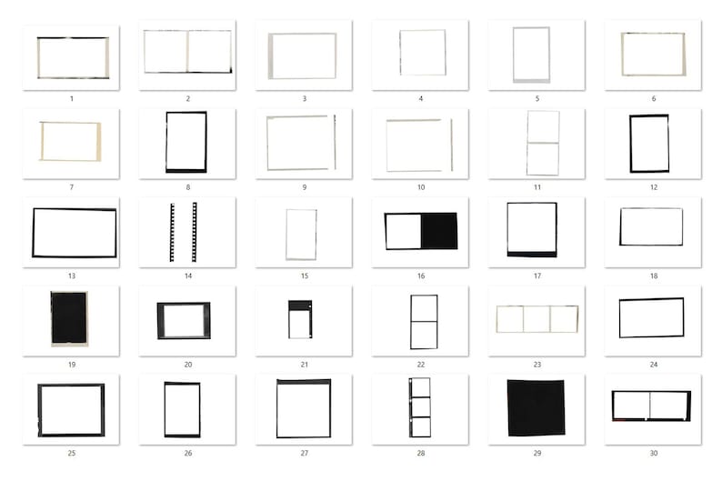 May include: A collection of thirty distinct black and white film frame overlays arranged in a grid. Each rectangular frame features varying border thicknesses, aspect ratios, and internal divisions, showcasing diverse photographic film styles.
