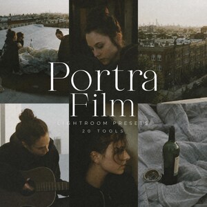 Puede incluir: Una colecci&oacute;n digital de 20 ajustes preestablecidos de Lightroom titulada Portra Film. El collage muestra varias escenas, incluyendo una vista de una ciudad desde una azotea, una persona tocando una guitarra ac&uacute;stica, un retrato y una botella de vino.