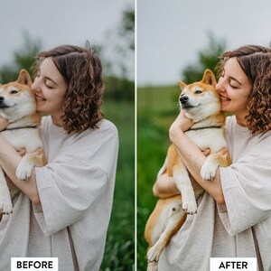 Pu&ograve; includere: Una donna con i capelli castani ricci tiene un cane Shiba Inu tra le braccia. Il cane guarda la fotocamera e la donna sorride. Sono entrambi all'aperto in un campo erboso.