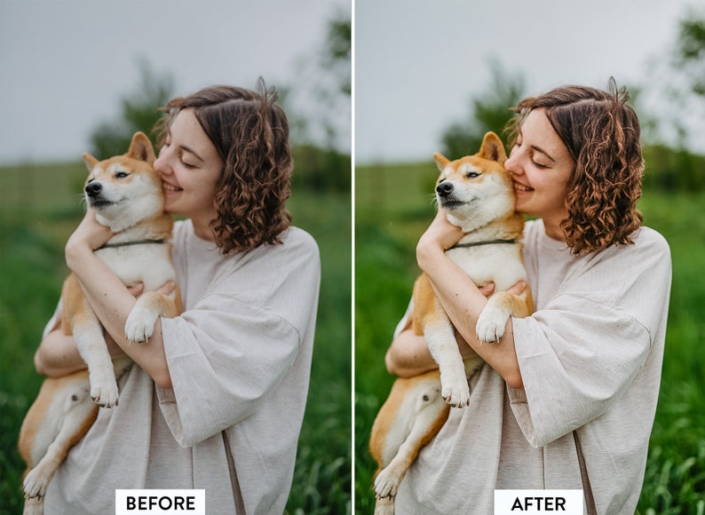 Pu&ograve; includere: Una donna con i capelli castani ricci tiene un cane Shiba Inu tra le braccia. Il cane guarda la fotocamera e la donna sorride. Sono entrambi all'aperto in un campo erboso.