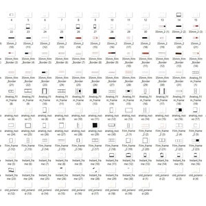 May include: A digital collection of numerous small, square and rectangular icons arranged in a grid, featuring various black, white, and red graphic frame designs, borders, and film-style overlays, each labeled with individual text identifiers.