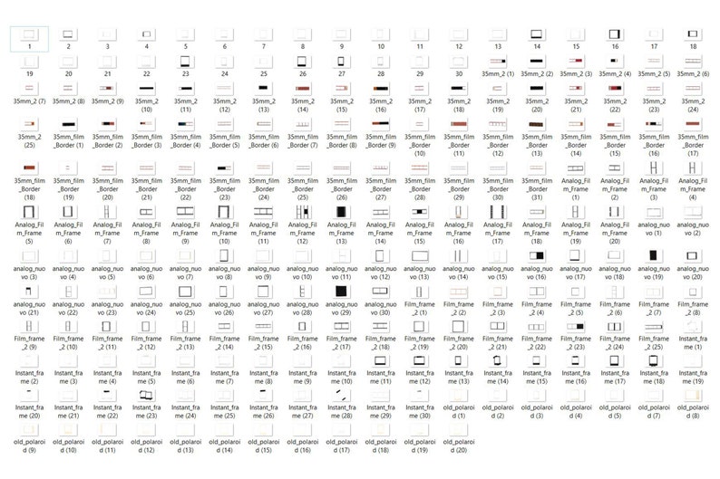 May include: A digital collection of numerous small, square and rectangular icons arranged in a grid, featuring various black, white, and red graphic frame designs, borders, and film-style overlays, each labeled with individual text identifiers.