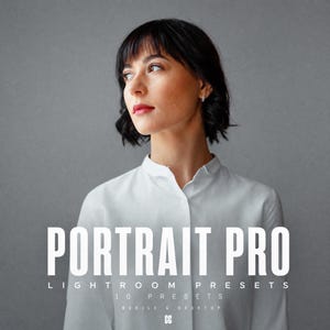 Puede incluir: Una portada de producto digital con una persona de cabello oscuro y camisa blanca con cuello. El texto dice PORTRAIT PRO LIGHTROOM PRESETS 10 PRESETS MOBILE & DESKTOP. El diseño es limpio y profesional para este software de edición.